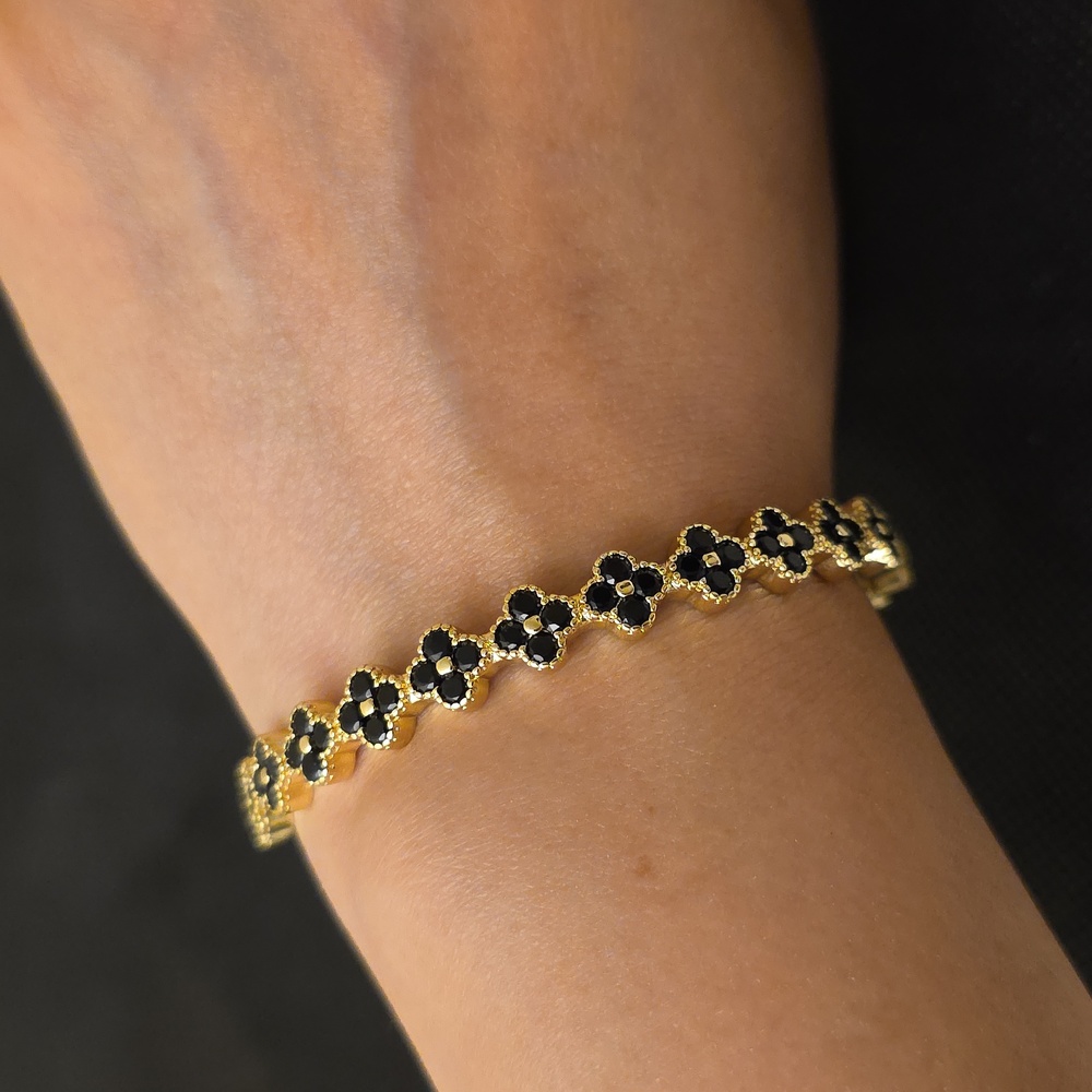 NEW Gold Plated Black Crystal Clover Hinge Bracelet Dubai - Picture 2 of 7
